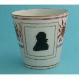 George III: a colourful English porcelain beaker decorated in black with a silhouette profile