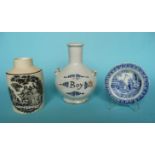 An 18th century Delft pottery bottle the shoulders set with twin handles, painted in blue and