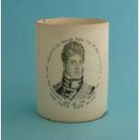 1821 Coronation: a rare creamware mug printed in black with an inscribed portrait, 97mm, foot