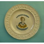1821 Caroline in memoriam: a pearlware nursery plate by Stevenson with moulded border centred by