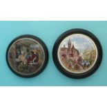 The Fishbarrow (58) and Swiss Riverside Scene (65) hairline, both framed (2) pot lid, pot lids,