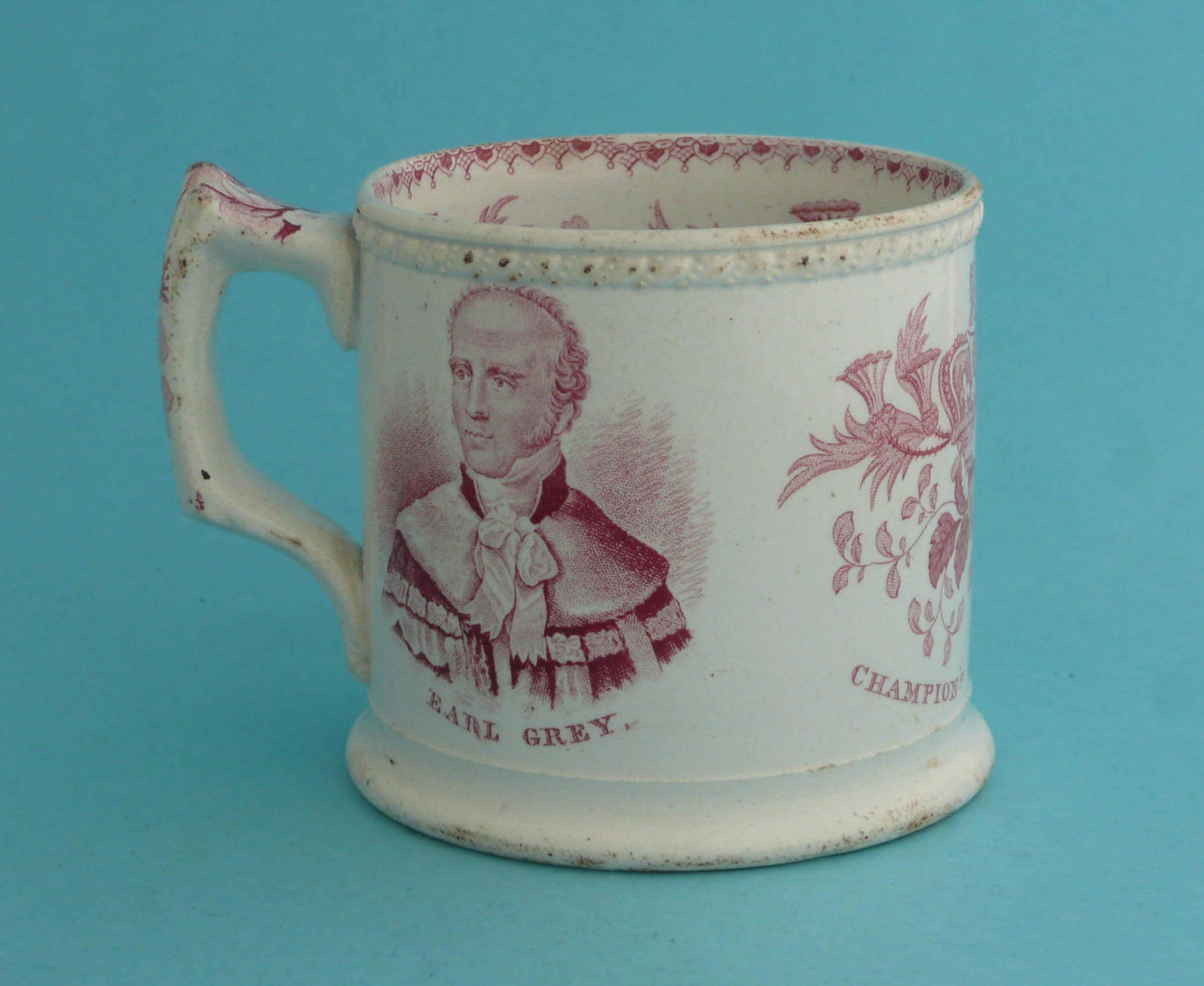 1832 Reform: a cylindrical pottery mug printed in pink with named portraits of Brougham and Grey, - Image 2 of 2