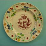 1831 Coronation: a colourful plate with moulded decoration printed in iron red with crown, flowers