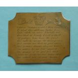 An interesting brass plaque engraved with twelve lines of verse dated January 1st 1822 surmounted by