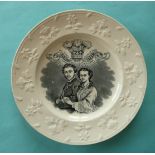 1863 Wedding: a pottery plate with floral moulded border printed in black with named and dated