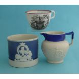 1817 Princess Charlotte in memoriam: a white stoneware blue ground mug moulded with scenes, 72mm,