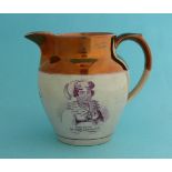 1820 Caroline: a copper lustre jug printed in puce with a named portrait and on the reverse the