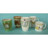 A green ground Royal Doulton porcelain beaker for 1937 Coronation, two other beakers and two mugs by