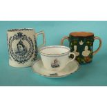 A tapering pottery mug for 1887 jubilee, a Doulton Burslem cup and saucer for 1901 in memoriam and
