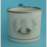 Sir Francis Burdett: a cylindrical pearlware mug decorated in silver lustre and printed in grey with