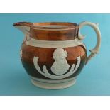 Queen Caroline: a copper lustre jug moulded with named portraits of Caroline and Alderman Wood,