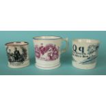 A small pink lustre banded mug printed in black for the 1858 wedding, a pink printed mug with