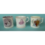 1863 Wedding: a porcelaineous mug printed in pink with named portraits another printed in purple,