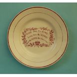 George IV: a pottery plate printed in pink with loyal inscription, circa 1821, 198mm, restored