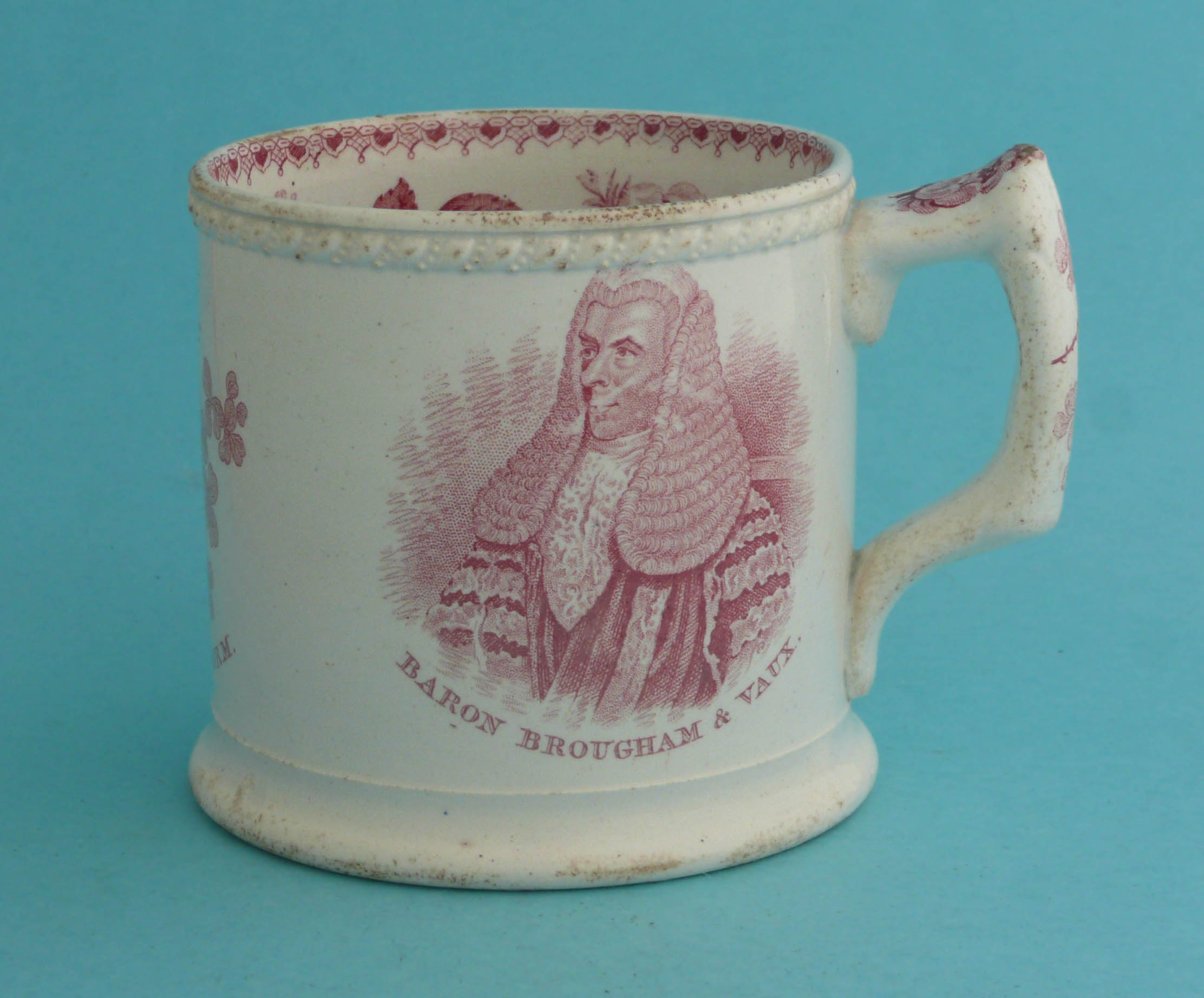 1832 Reform: a cylindrical pottery mug printed in pink with named portraits of Brougham and Grey,