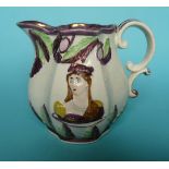 1816 Wedding: a pink lustre decorated jug of small size moulded with named portraits, 110mm,