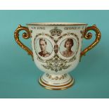 1937 Coronation: a Royal Crown Derby loving cup with sepia portraits and gilded, 115mm