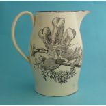 Prince of Wales: a creamware jug printed in black with the royal coat of arms and on the reverse a