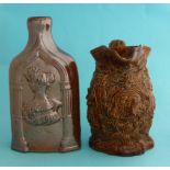 A brown stoneware flask moulded with named portraits of Victoria and the Duchess of Kent, circa