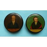 A circular papier-mâché snuff box the cover with a named colour portrait of Earl Grey and another