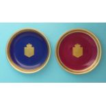 1953 Coronation: a rare pair of Minton dishes, one claret ground one blue, each with gilt monogram