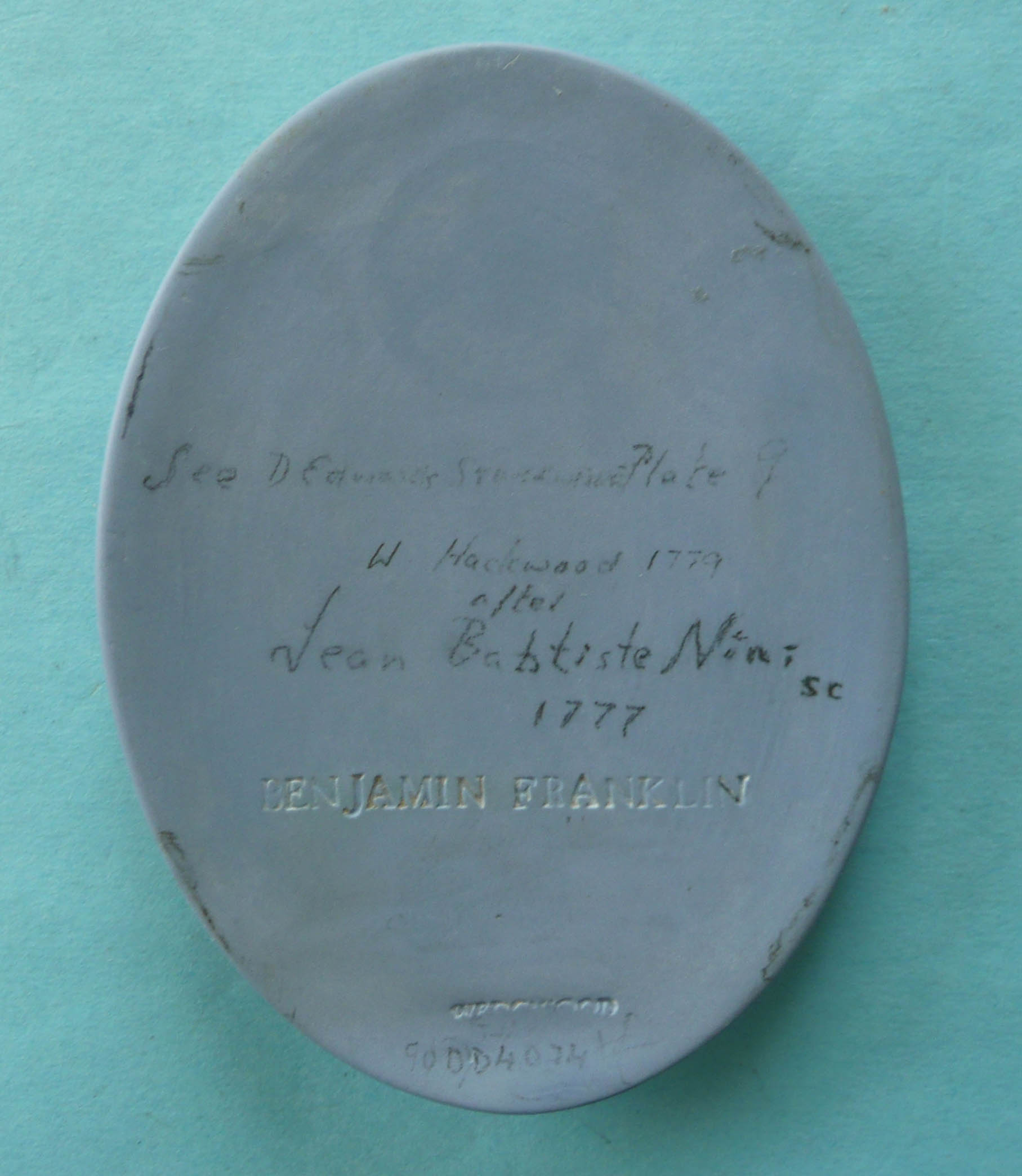 Benjamin Franklin: a Wedgwood blue jasperware oval medallion applied in white with a profile after - Image 2 of 2