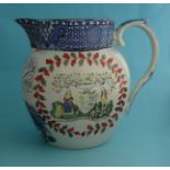 George III: a pearlware beer jug printed in blue with a crown, loyal inscription, GR monogram and