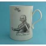1757 King of Prussia: a large cylindrical Worcester mug printed in grey with a named and dated