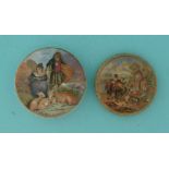 Lady, Boy and Goats (316) and The Old Water Mill (318) domed lid, stained (2) pot lid, pot lids,