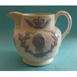 1821 Coronation: a large white pottery jug applied in lilac with profiles centred by an inscribed
