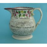 1820 Chester Election: a pink lustre decorated pearlware jug painted in colours and inscribed with