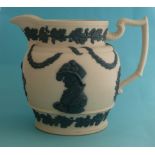 Queen Caroline: a white stoneware jug applied in blue with a profile, birds and flowers, circa 1820,