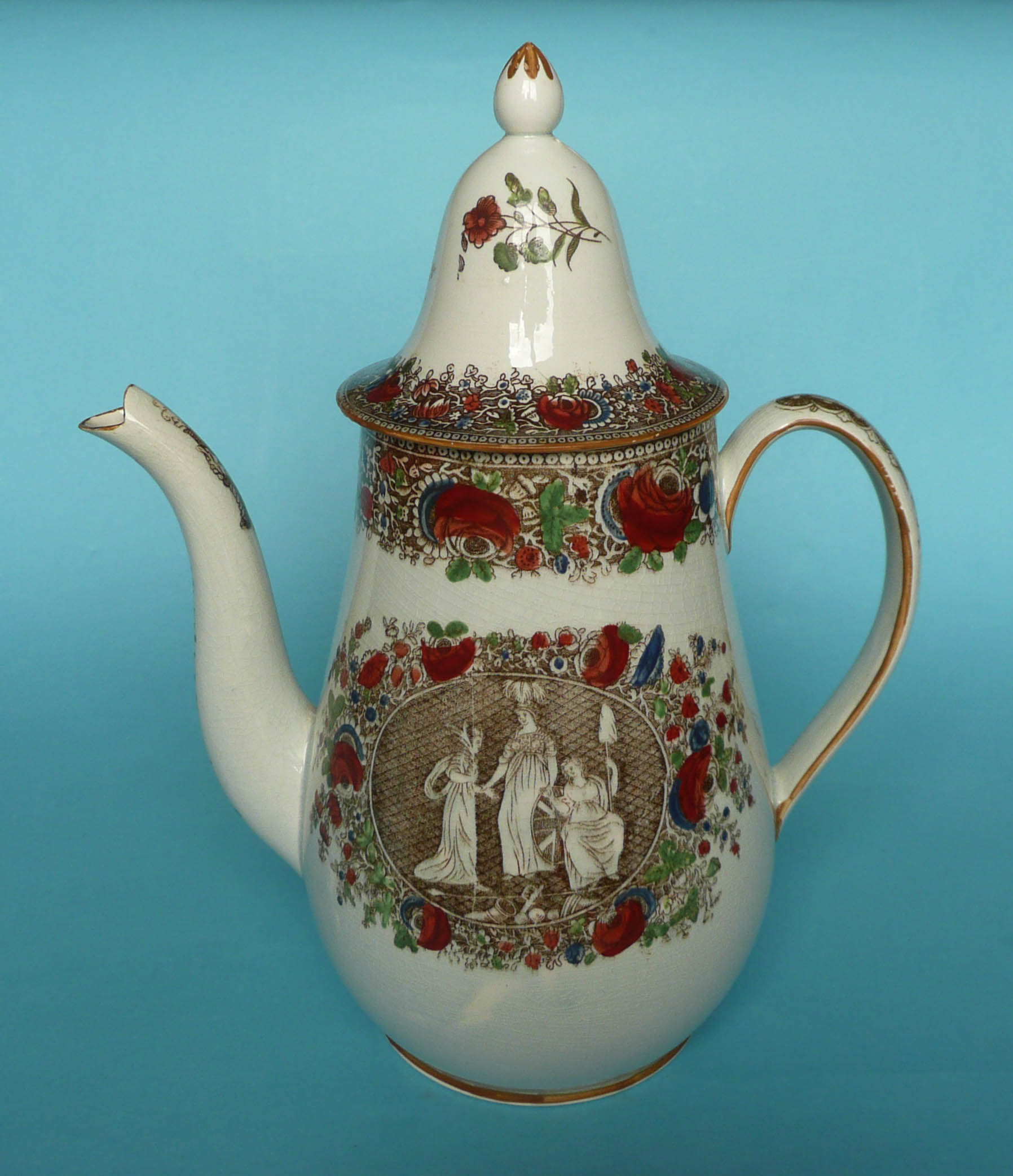 1802 Peace of Amiens: an attractive pearlware coffee pot and cover printed in brown and decorated in