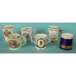 Three mugs for 1953 coronation, a Royal Crown Derby small loving cup for 1985 Queen Mother, a J&J