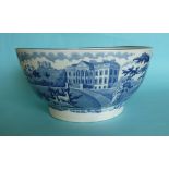 Claremont: a large pearlware bowl the exterior printed in blue with a view of the mansion,