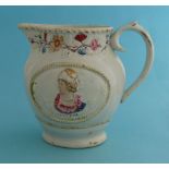 Queen Caroline: a colourful jug moulded with portrait ovals above impressed ribbons, circa 1820,