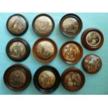 Five framed lids and six framed defective lids (11) pot lid, pot lids, potlid, potlids, prattware
