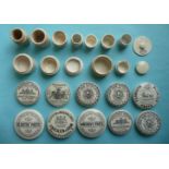 Ten various food stuffs lids and twelve bases, also one blank lid and a plunger (24) pot lid, pot