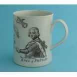 1757 King of Prussia: a small cylindrical Worcester mug printed in grey with a named and dated