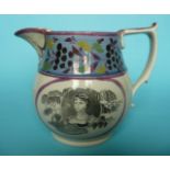 1817 Princess Charlotte: a pearlware jug printed in grey with named portrait ovals, restored,