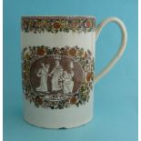 1802 Peace of Amiens: a large pearlware tankard printed in brown and decorated in colours with