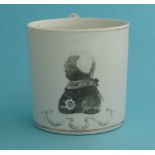 George III: an English porcelain cylindrical mug printed in grey with a half-length profile above