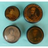 A circular papier-mâché snuffbox the lid with a named engraving of Duke of York, circa 1815, another