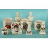 Five World War I crested pieces, two similar mugs for 1919 peace, another Lord Roberts and an