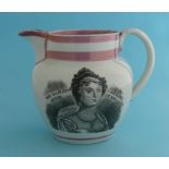 Queen Caroline: a good rare pink lustre banded jug printed in black with a named portrait and on the