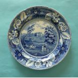 Claremont: a pearlware plate printed all over in blue with a view of the mansion, parkland and