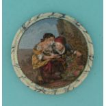 Girl with Grapes (345) domed lid with black marbled border and flange pot lid, pot lids, potlid,