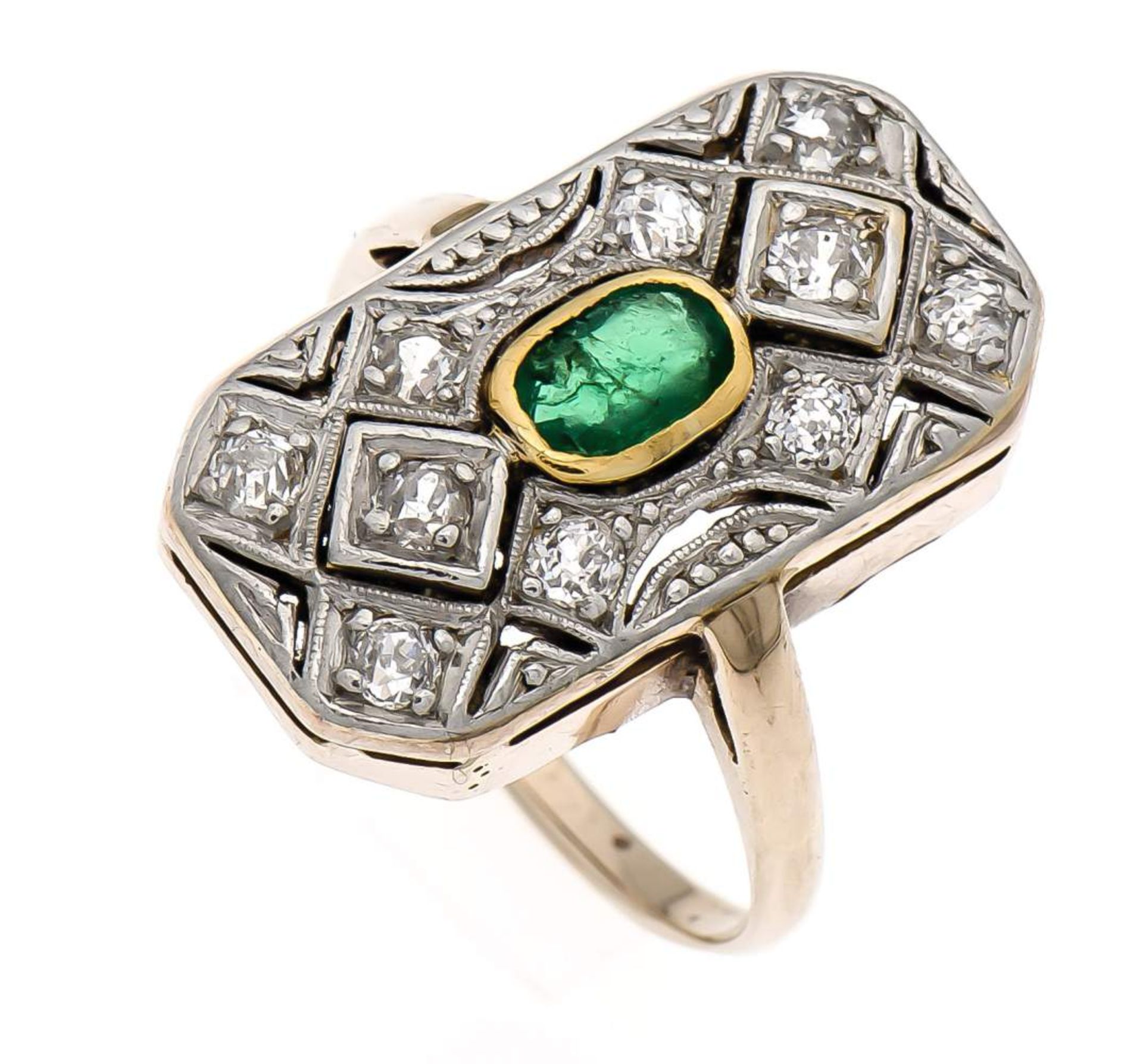 Smaragd-Altschliff-Diamant-Ring WG/GG 585/000 mit einem fac. Smaragd 5 x 3 mm (berieben)und 10
