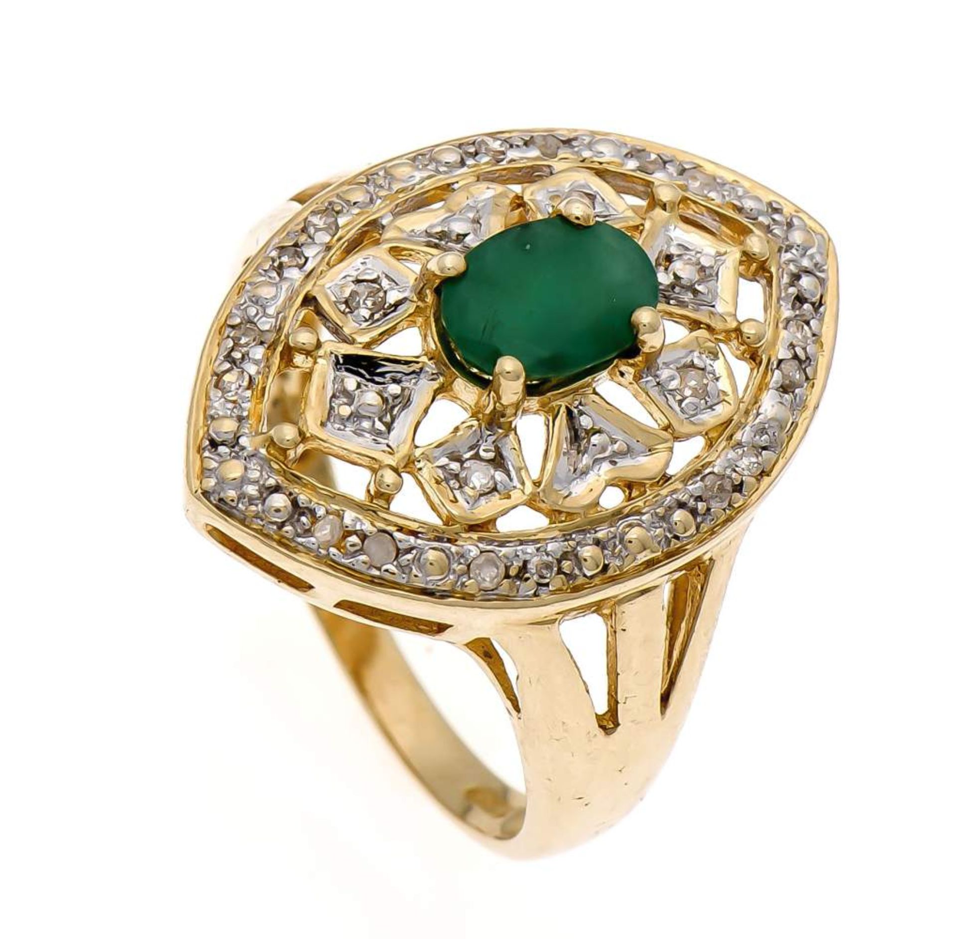 Smaragd-Diamant-Ring GG/WG 10 KT (417/000) mit einem oval fac. Smaragd 7 x 5 mm undDiamanten, RG 54,