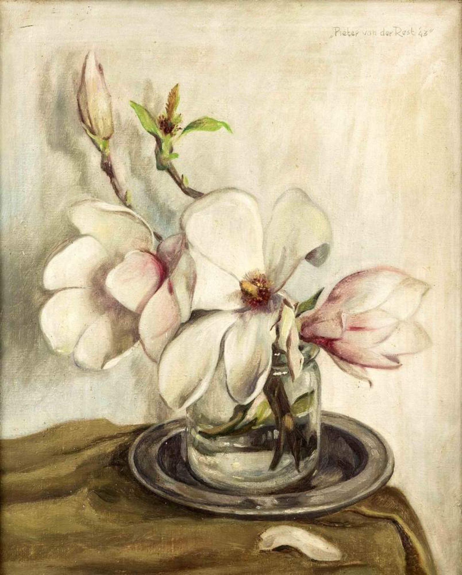 Pieter van der Rest (1895-1949), Magnolienzweig in einem Glas auf Zinnschale, Öl/Lwd., o.re. sign.